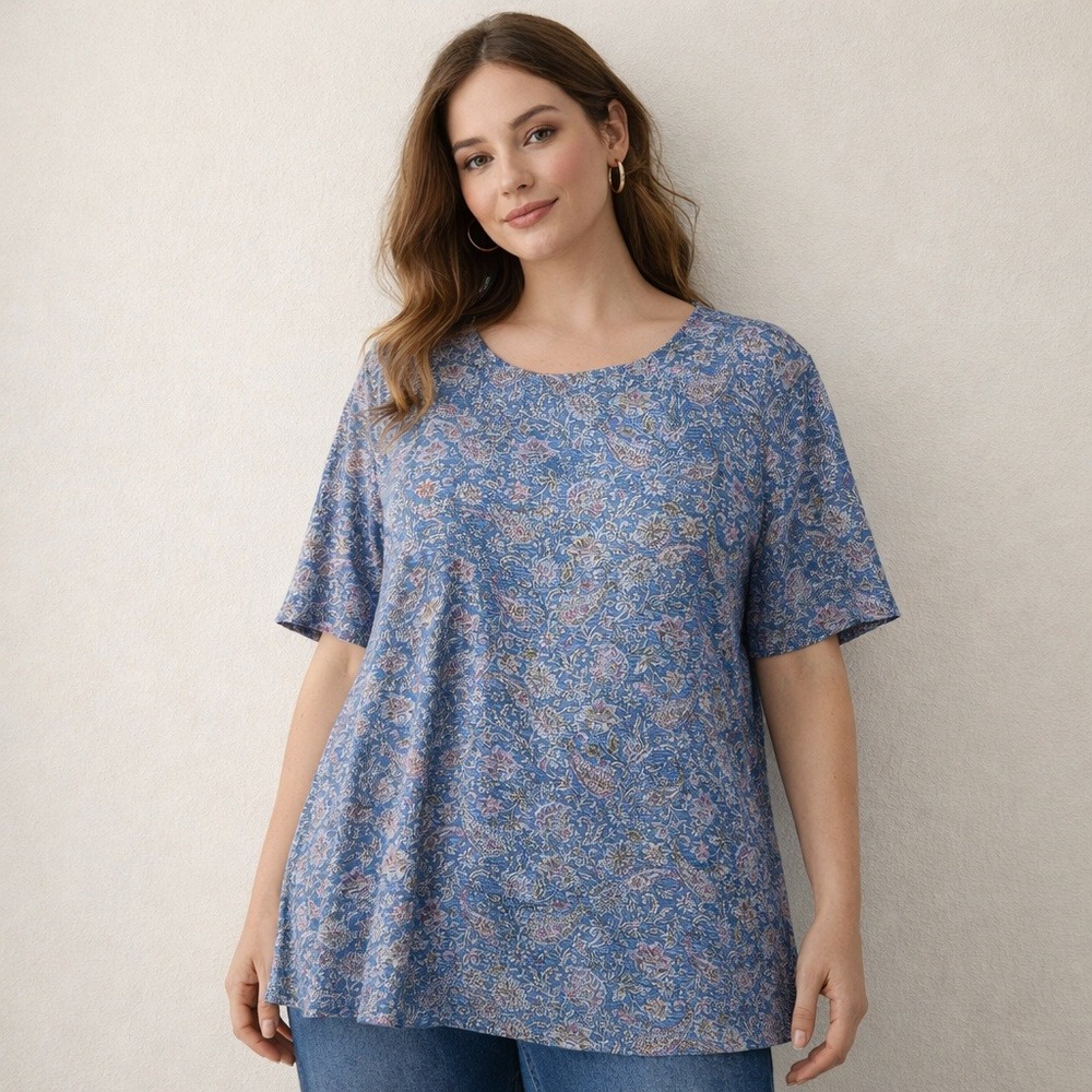 Everyday Blue Floral Short-Sleeve Scoop Neck Top